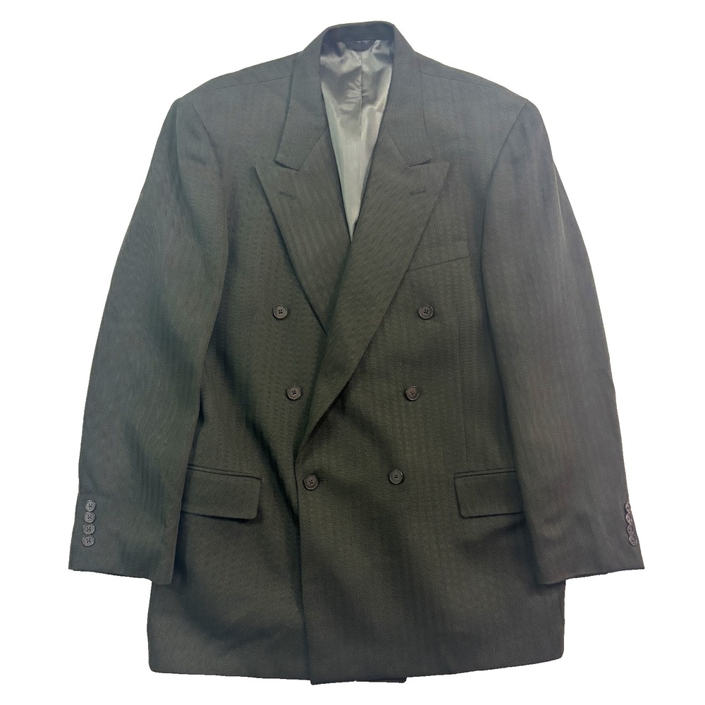 vtg 90s Perry Ellis 42L Herringbone Double Breasted Blazer Jacket Sport Coat USA